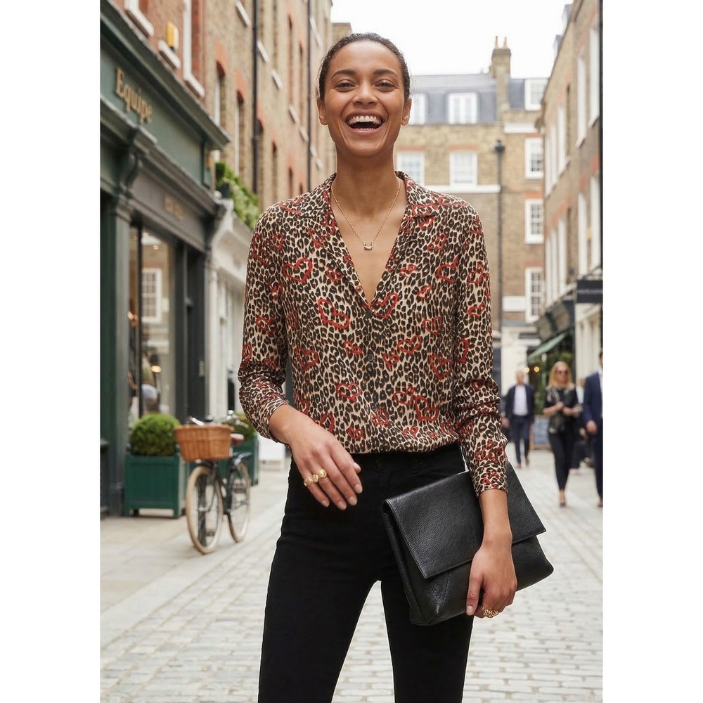 Equipment Adalyn V-Neck Silk Blouse Leopard Heart Print Tan Black NWT XS $258